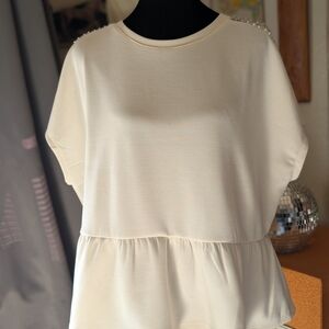 Cupio Cream Peplum Top with Pearl-Trim Shoulders